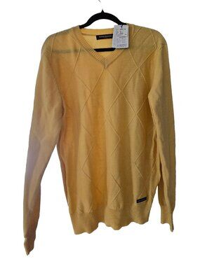 Kinloch Anderson V-Neck Argyle Sweater Men's L Yellow 100% Wool NWT